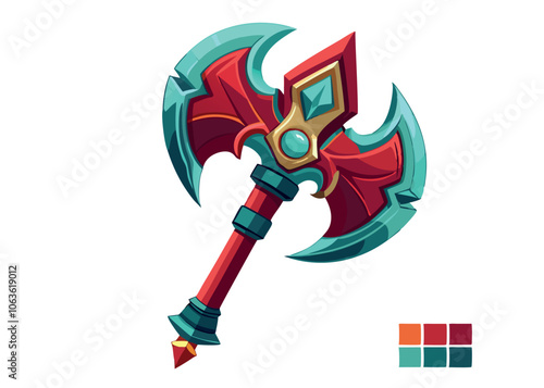 A Colorful Fantasy Battle Axe With Ornate Design and Gem Details on a White Background