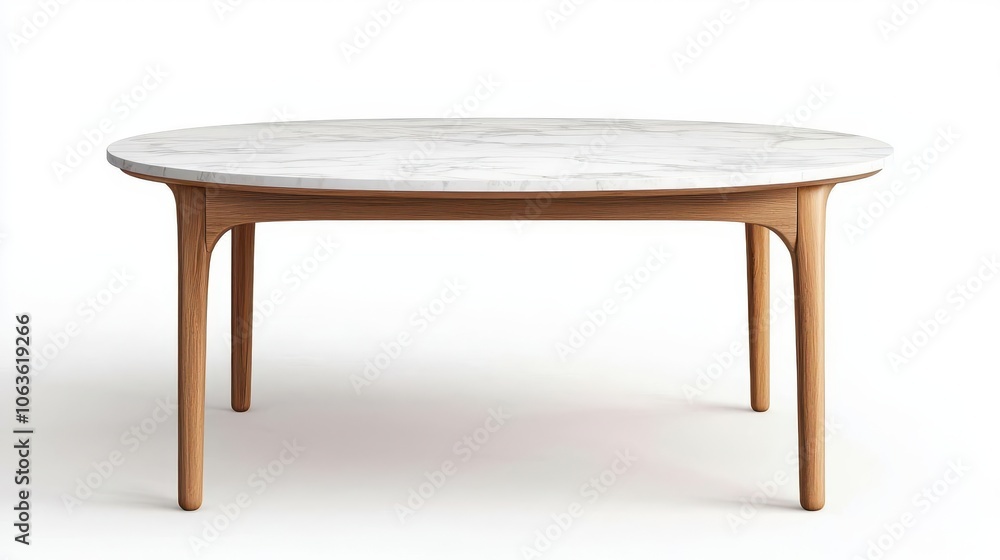 Teakbased round marble dining table, Scandinavian room, airy feel, neutral tones Teakbased round marble dining table, Scandinavian room, airy feel, neutral tones