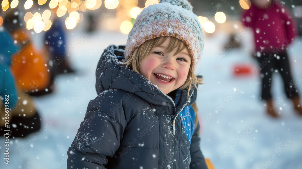 Joyful child playing in the snow during winter festivities Joyful child playing in the snow during winter festivities