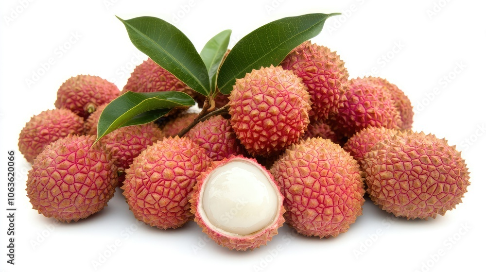 Juicy lychee fruit in vibrant red skin with one open, showing fleshy, white interior, isolated on a clean white backdrop. Juicy lychee fruit in vibrant red skin with one open, showing fleshy, white interior, isolated on a clean white backdrop.