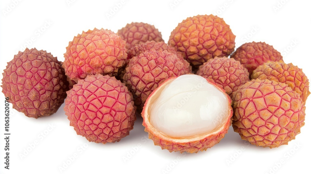 Juicy lychee with red, textured skin, one peeled open to reveal the translucent flesh, isolated on a bright white background. Juicy lychee with red, textured skin, one peeled open to reveal the translucent flesh, isolated on a bright white background.