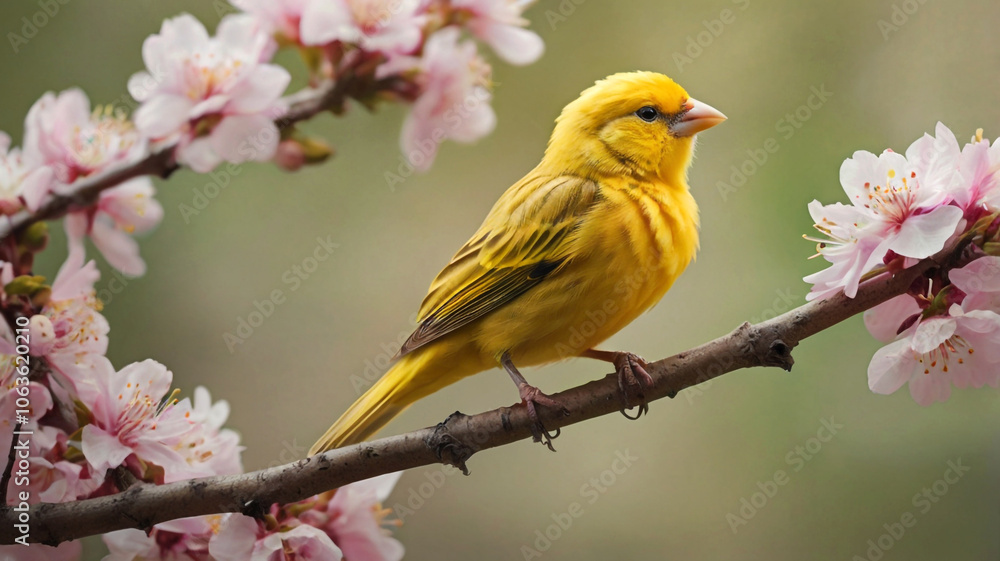 Macro shot of a cheerful canary surrounded by blooming spring flowers with warm sunlight enhancing the joyful atmosphere of the garden Macro shot of a cheerful canary surrounded by blooming spring flowers with warm sunlight enhancing the joyful atmosphere of the garden