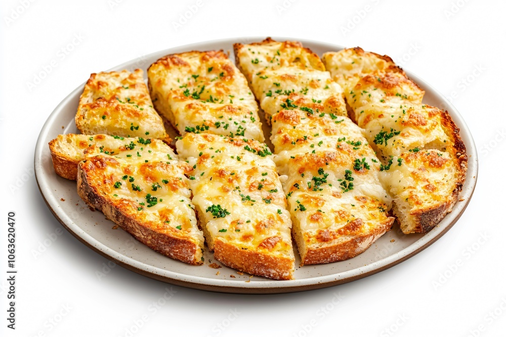 Plate of Cheesy Garlic Bread Slices - Warm, Buttery Garlic Bread with Melted Cheese on White Background Plate of Cheesy Garlic Bread Slices - Warm, Buttery Garlic Bread with Melted Cheese on White Background