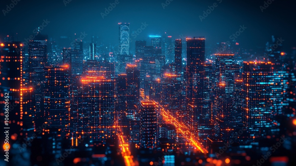 An advanced cityscape showcasing an orange light grid over impressive skyscrapers, embodying the futuristic vision of urban development and connectivity. An advanced cityscape showcasing an orange light grid over impressive skyscrapers, embodying the futuristic vision of urban development and connectivity.