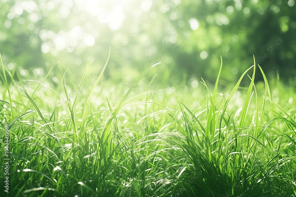 A close-up of lush, vibrant green grass swaying gently in the breeze, with sunlight filtering through it, creating an enchanting and serene scene A close-up of lush, vibrant green grass swaying gently in the breeze, with sunlight filtering through it, creating an enchanting and serene scene
