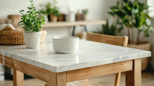 Teak dining table with marble top, set for breakfast, cozy cottage setting, natural light