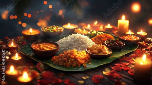 Traditional Indian Feast Celebrated with Candle Light and Flowers