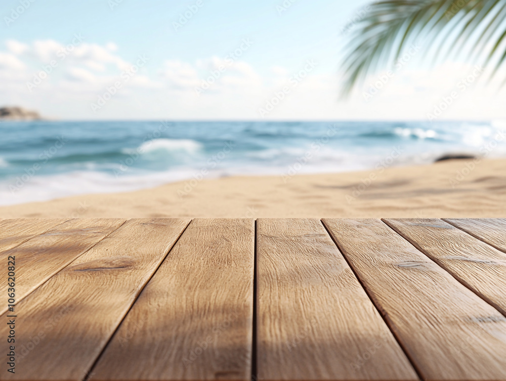 Fototapeta premium A wooden board on the beach with summer travel elements.