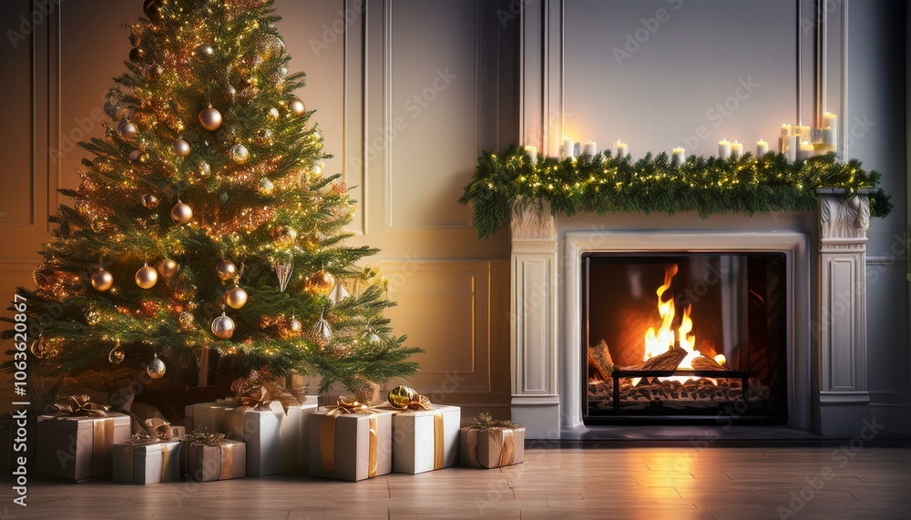 Christmas Tree With Decorations Near A Fireplace Christmas Tree With Decorations Near A Fireplace