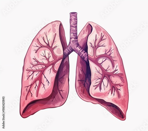 Detailed vector illustration of human lungs on a white background, showcasing anatomical structure with bronchial tubes and alveoli, ideal for medical and educational content