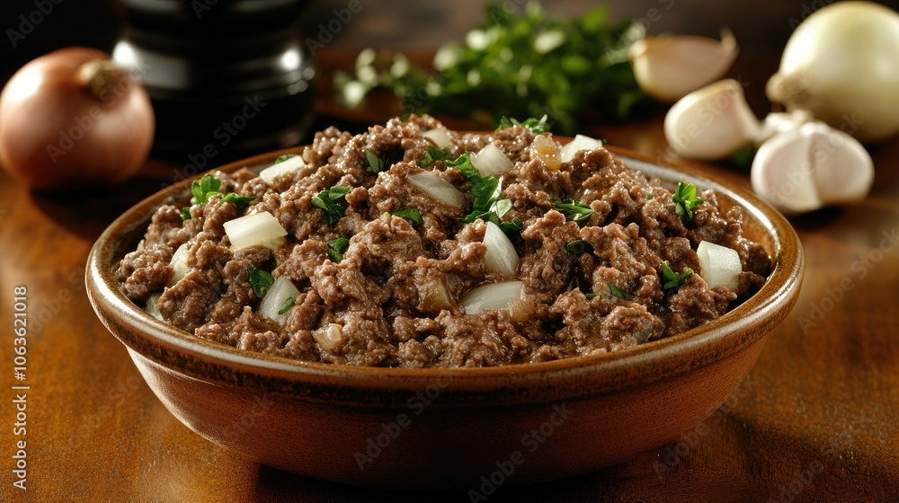 Minced beef in a bowl, with fresh garlic, onions, and herbs around, set on a wooden countertop ready for home-cooked meals Minced beef in a bowl, with fresh garlic, onions, and herbs around, set on a wooden countertop ready for home-cooked meals