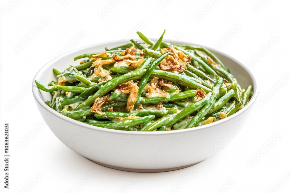 Traditional Green Bean Casserole with Crispy Onions in White Bowl Traditional Green Bean Casserole with Crispy Onions in White Bowl