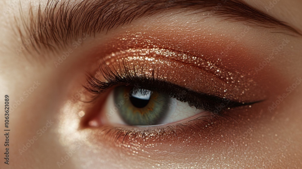 Close-up of a woman's eye with shimmering bronze eyeshadow and eyeliner Close-up of a woman's eye with shimmering bronze eyeshadow and eyeliner