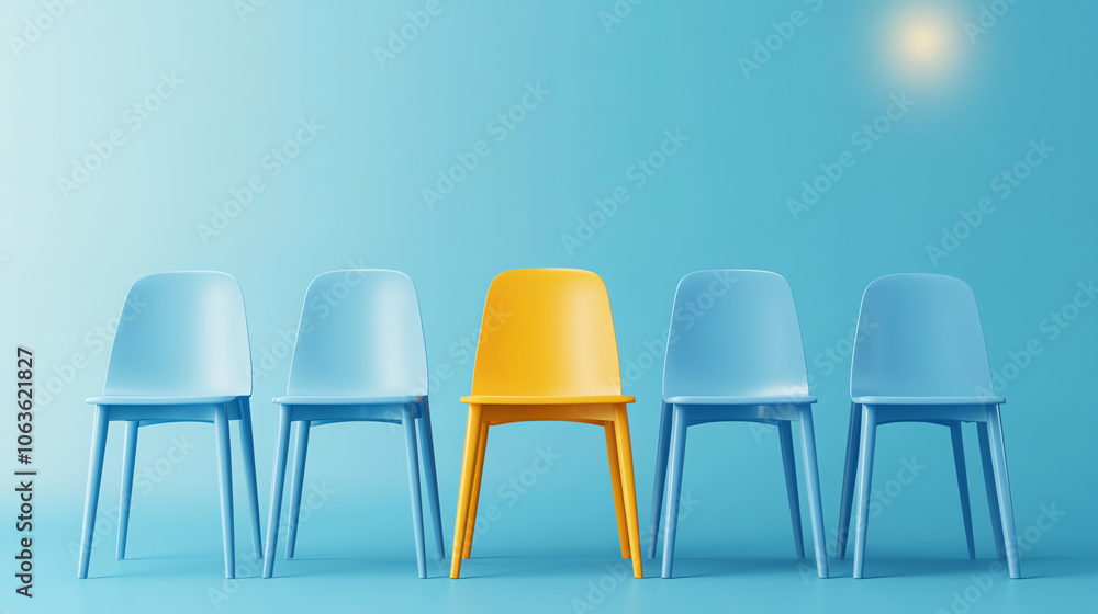 Obraz premium Standout Yellow Chair in Row of Blue Chairs – Business Concept