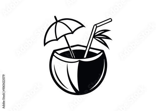 A Refreshing Coconut Drink With an Umbrella and Straw on a Tropical Beach