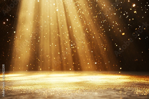 Golden light rays shining down on the stage, gold confetti falling from the sky, a golden, shiny background, a shiny gold floor, an empty stage, high resolution, high quality