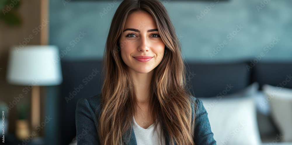 Confident Young Woman Smiling in Modern Home Interior Confident Young Woman Smiling in Modern Home Interior