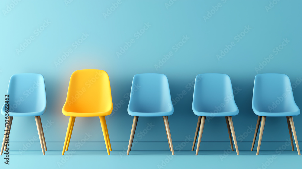 Obraz premium Standout Yellow Chair in Row of Blue Chairs – Business Concept