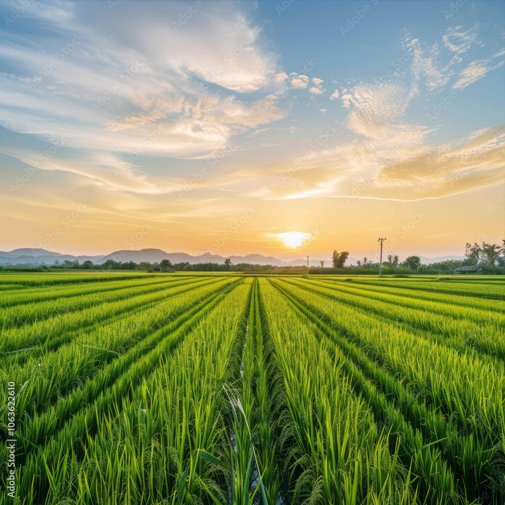 Fototapeta premium Green rice fields with a sunset sky background