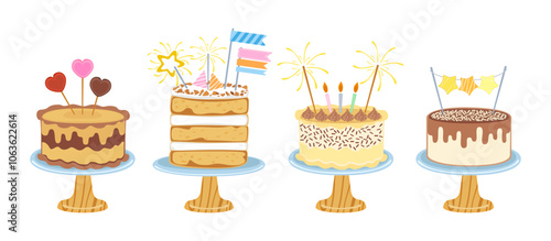 Vector illustration set of different flavors of cute style cake slices. Flat design, isolated on white. Vector illustration of bakery, birthday cake, party, celebration, festival, happy for greeting.