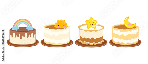 Vector illustration set of different flavors of cute style cake slices. Flat design, isolated on background. Bakery vector Morning cartoons of the sun, stars, moon, celebrations, parties, happiness. 