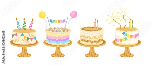 Vector illustration set of different flavors of cute style cake slices. Flat design, isolated on white. Vector illustration of bakery, birthday cake, party, celebration, festival, happy for greeting.