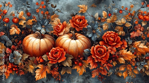 A vibrant autumn arrangement featuring pumpkins, roses, and colorful leaves against a textured background.