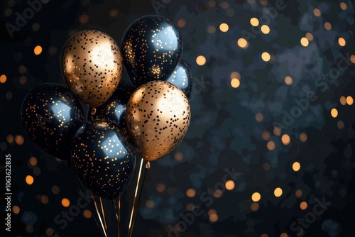 black and golden balloons on dark and glitter background