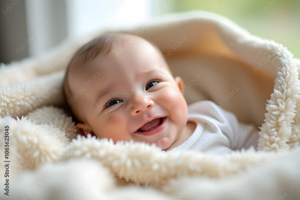 A gentle portrait of a baby smiling in a soft blanket A gentle portrait of a baby smiling in a soft blanket