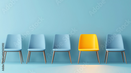 Standout Yellow Chair in Row of Blue Chairs – Business Concept