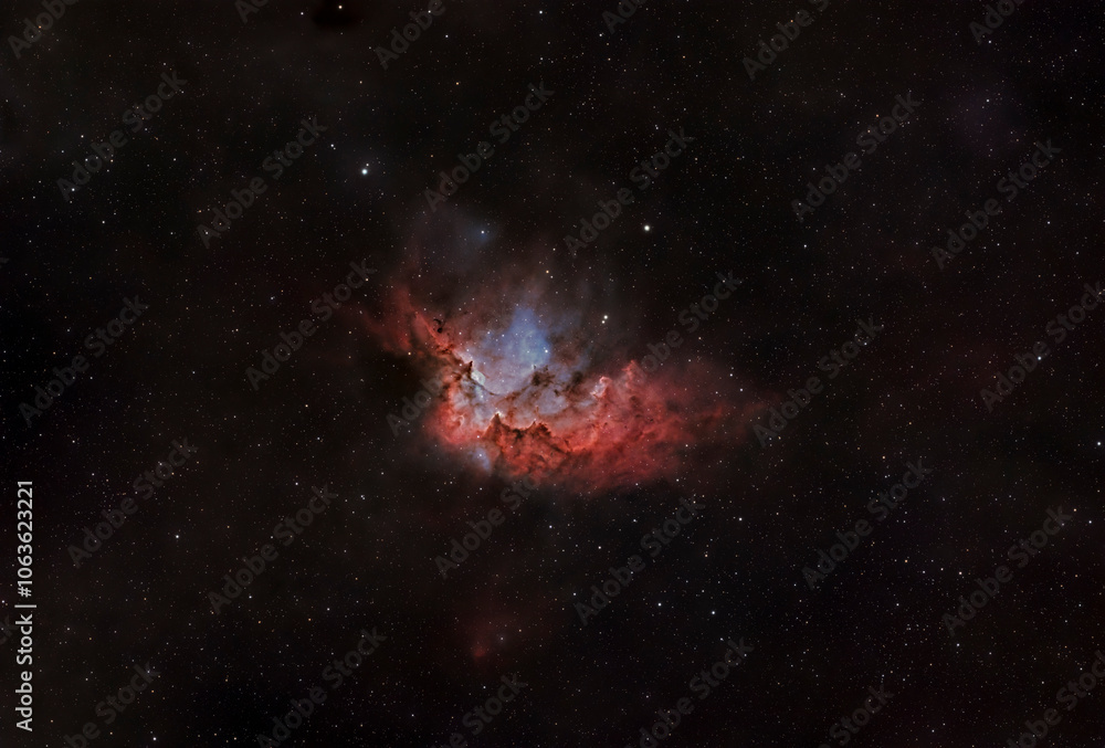 Fototapeta premium The Wizard Nebula (NGC 7380, Sh2-142) is an open star cluster surrounded by emission nebulosity. It is located about 7,200 lightyears away in the constellation Cepheus.