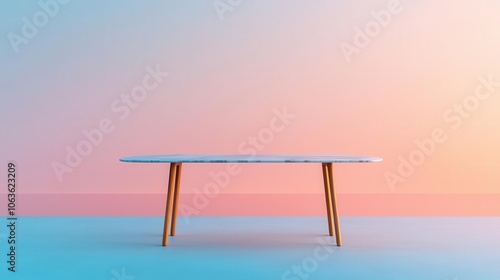 Sleek marble dining table with brushed teak legs, soft lighting, luxurious ambiance