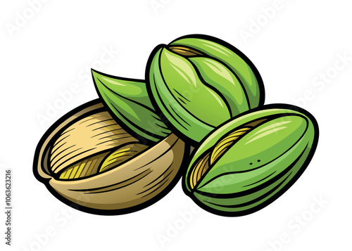 Fresh Green Pistachios in Their Shells Available for Snack Lovers in Bright Illustration