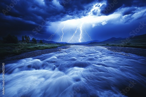 A fierce, fast-flowing river with whitewater rapids under a dramatic sky lit by intense lightning strikes, highlighting the power of nature's fury. photo