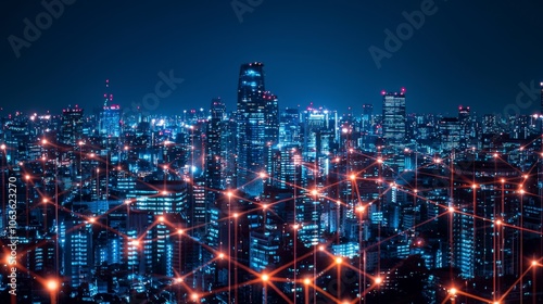 An electrifying city skyline at night sparkles with energy amid glowing orange network lines, reflecting the innovative spirit and vibrant modern city life.