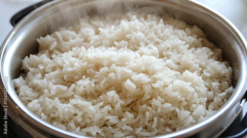 Rice cooking in an electric rice cooker with visible steam wafting out, creating a sense of home and comfort in the kitchen. Rice cooking in an electric rice cooker with visible steam wafting out, creating a sense of home and comfort in the kitchen.