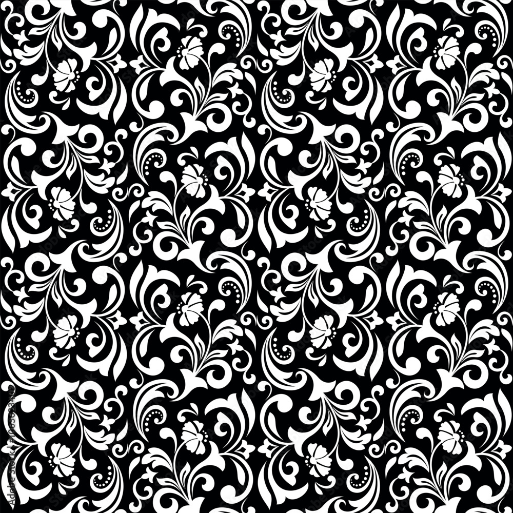 Flower pattern. Seamless white and black ornament. Graphic vector background. Ornament for fabric, wallpaper, packaging. Flower pattern. Seamless white and black ornament. Graphic vector background. Ornament for fabric, wallpaper, packaging.