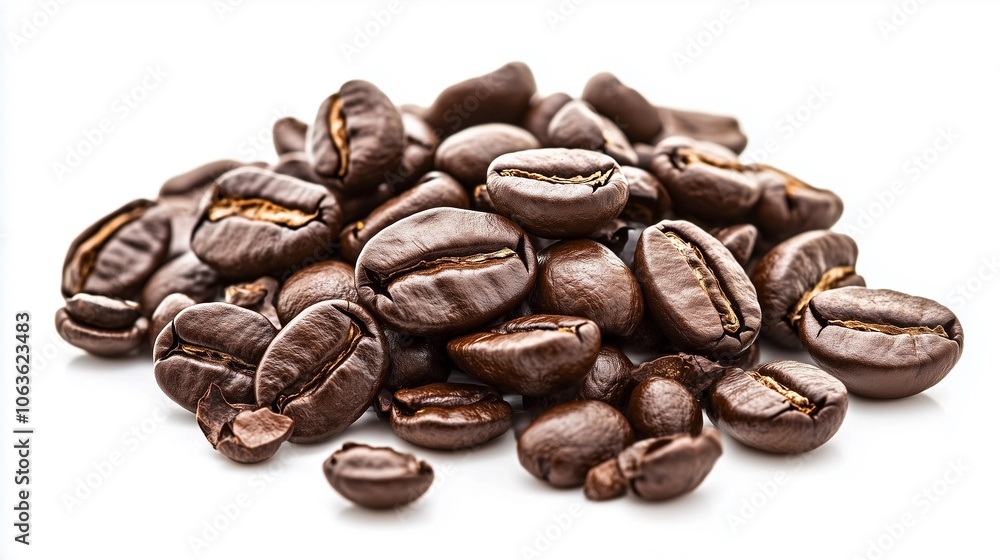 Floating coffee beans isolated on white background, showcasing rich texture and detail, perfect for coffee-related design and advertising concepts Floating coffee beans isolated on white background, showcasing rich texture and detail, perfect for coffee-related design and advertising concepts