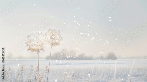 Dandelion seed heads stand tall as snowflakes drift down in a peaceful winter scene, creating a tranquil atmosphere