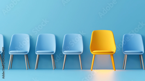 Standout Yellow Chair in Row of Blue Chairs – Business Concept