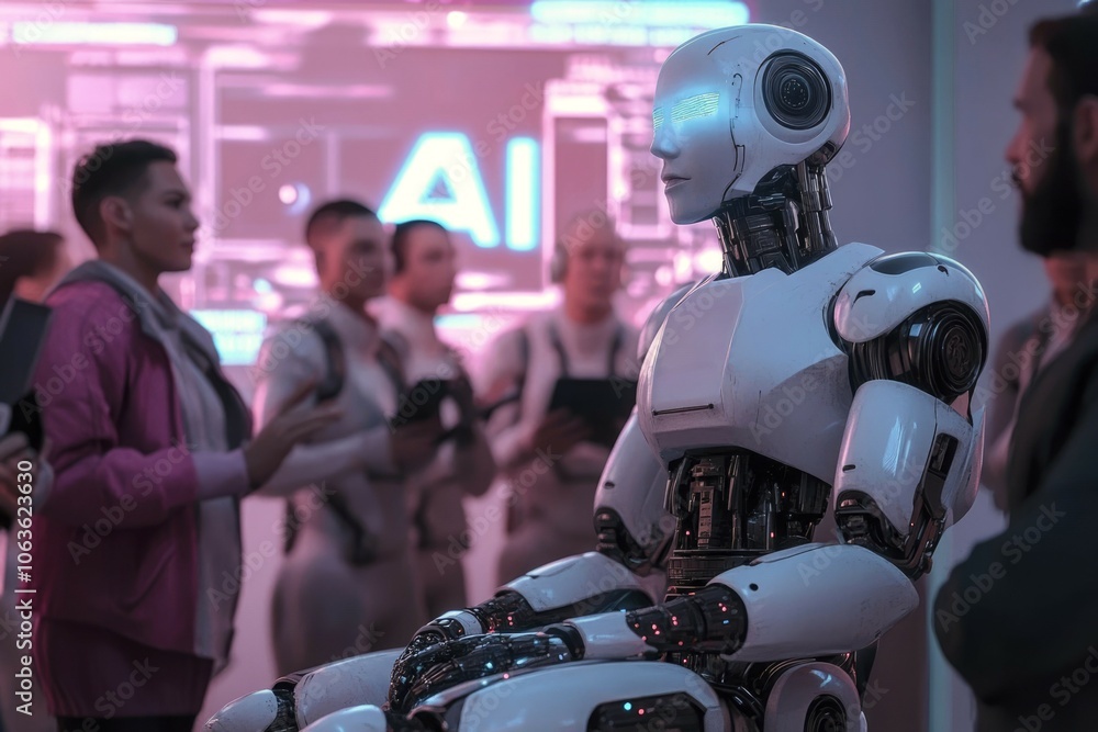 Fototapeta premium Advanced humanoid robot with glowing eyes, surrounded by humans