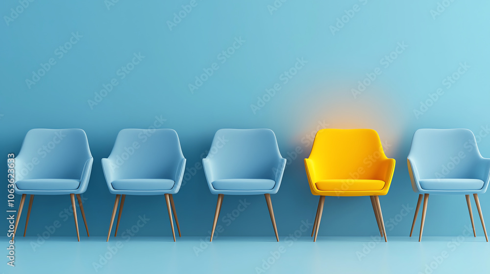 Standout Yellow Chair in Row of Blue Chairs – Business Concept Standout Yellow Chair in Row of Blue Chairs – Business Concept