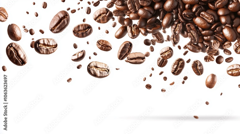 Floating coffee beans isolated on white background, showcasing rich texture and detail, perfect for coffee-related design and advertising concepts Floating coffee beans isolated on white background, showcasing rich texture and detail, perfect for coffee-related design and advertising concepts