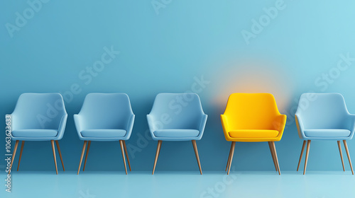 Standout Yellow Chair in Row of Blue Chairs – Business Concept