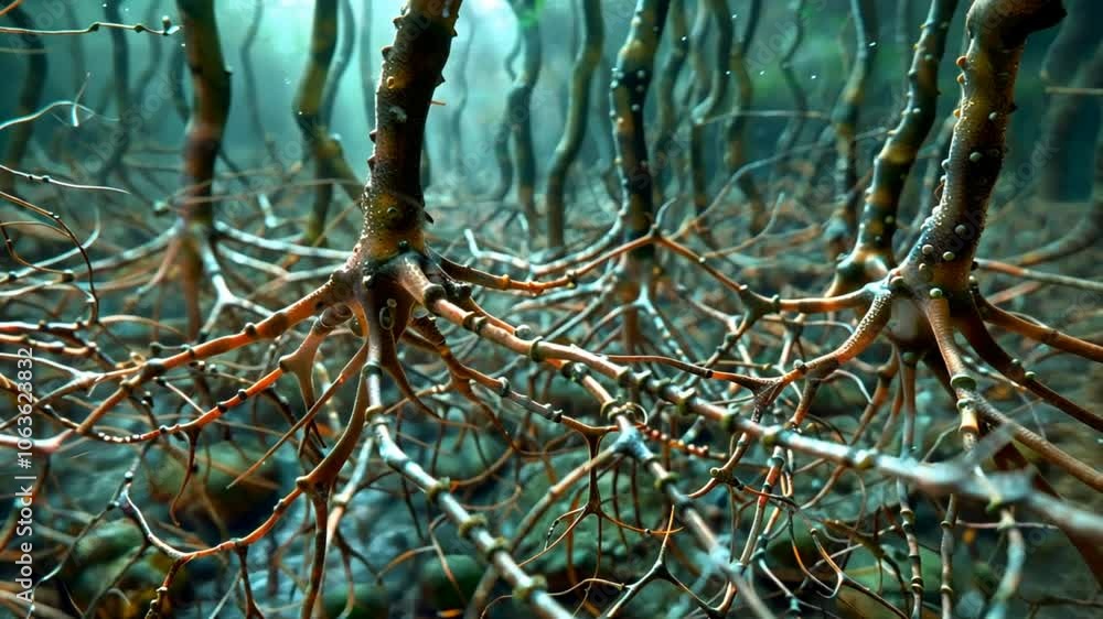 A dense web of mangrove roots stretches across the ocean floor ...