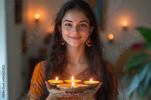 a young indian woman in traditional attire holding diwali diyas