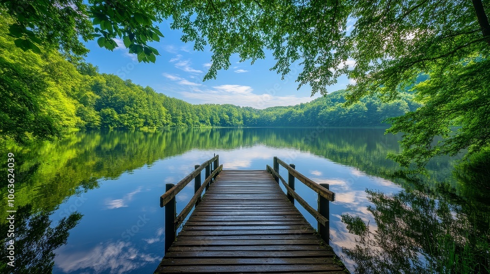 Serene lake view with a wooden dock surrounded by lush greenery and clear blue skies. Serene lake view with a wooden dock surrounded by lush greenery and clear blue skies.