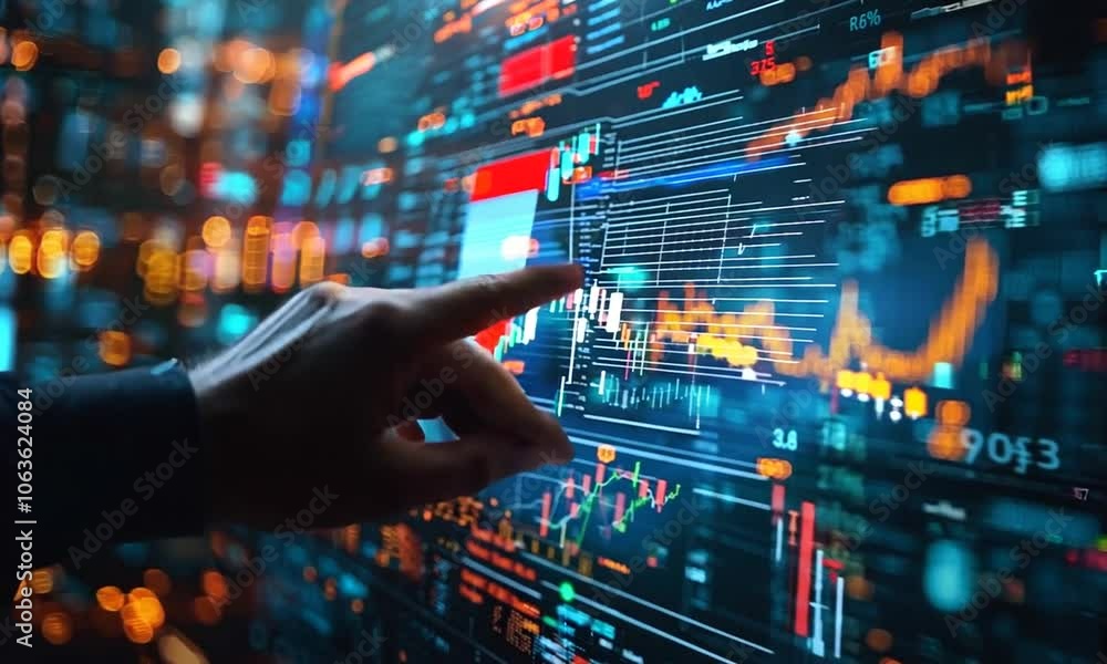 A hand interacts with a digital data display showcasing analytics. A hand interacts with a digital data display showcasing analytics.
