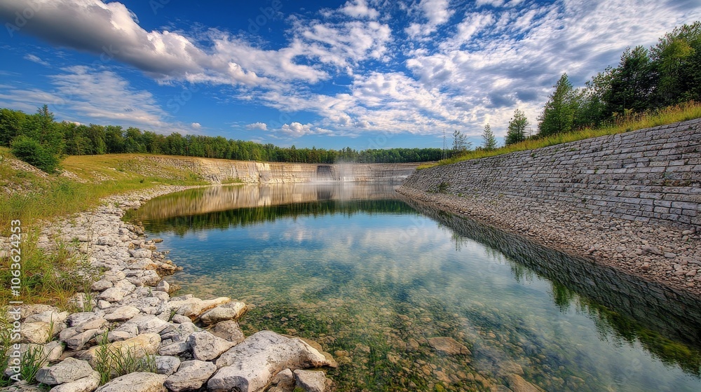Fototapeta premium A serene landscape featuring a calm water body surrounded by lush greenery and dramatic clouds.