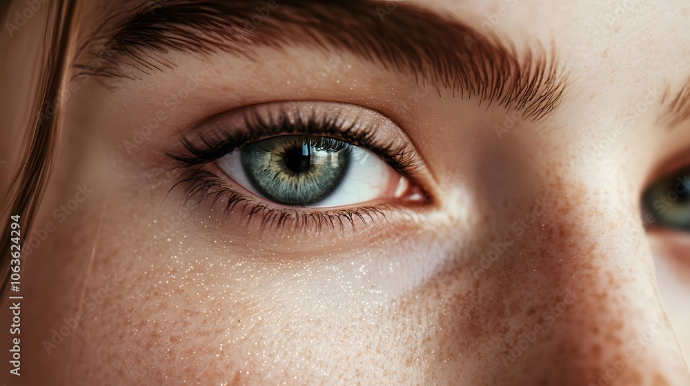 Close-up of a blue eye with freckles and a light reflecting in the iris Close-up of a blue eye with freckles and a light reflecting in the iris